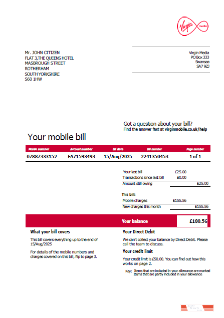 USA Virgin Media utility bill template in Word and PDF formats, version 2